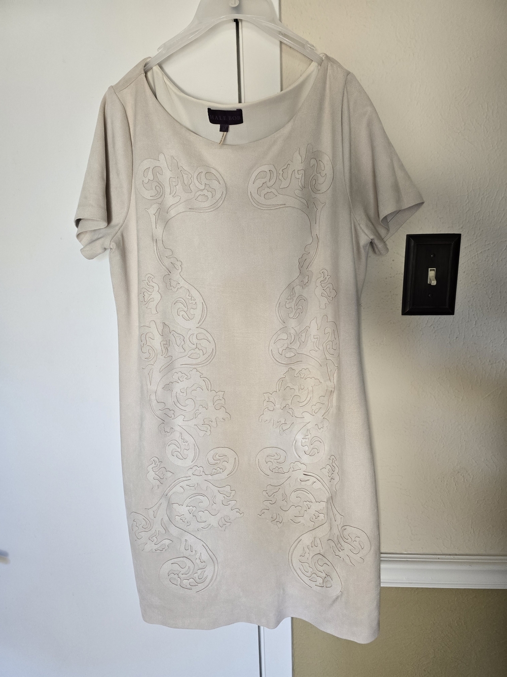 Hale Bob Cream Short Sleeve Ulta Suede Embossed Shift Dress